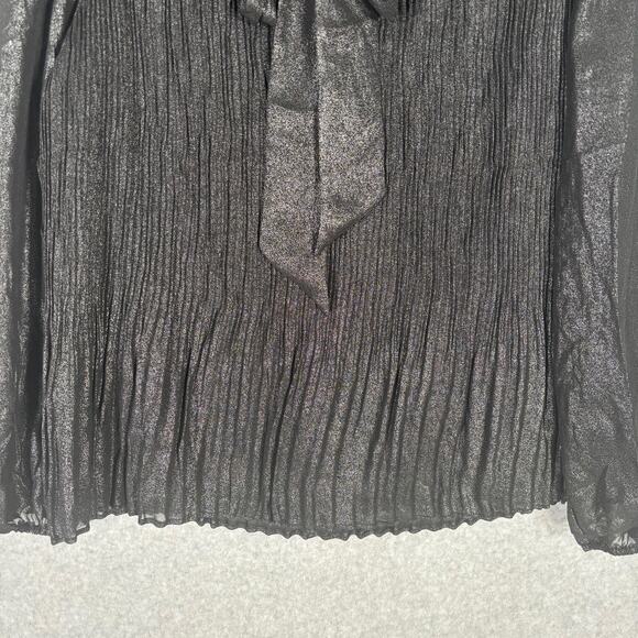 Nanette Lepore Blouse Small Metallic Sheer Sleeve Neck Bow Tie Cord Pleated - Picture 4 of 13